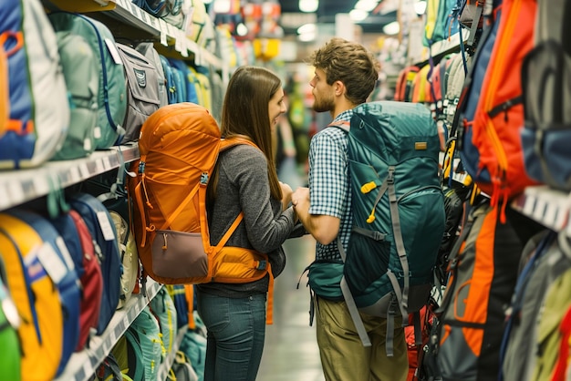 Friends exploring a wellstocked aisle of hiking equipment comparing backpacks and examining camping