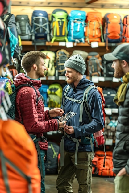 Friends exploring a wellstocked aisle of hiking equipment comparing backpacks and examining camping