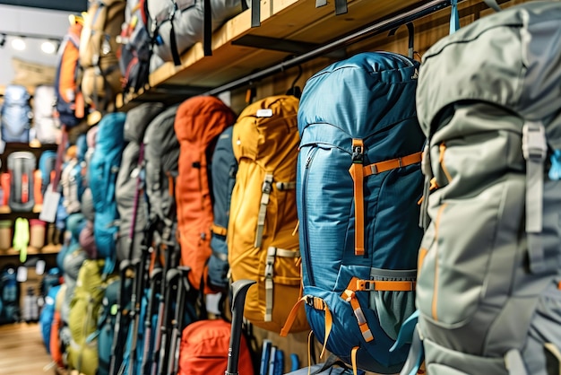 Friends exploring a wellstocked aisle of hiking equipment comparing backpacks and examining camping