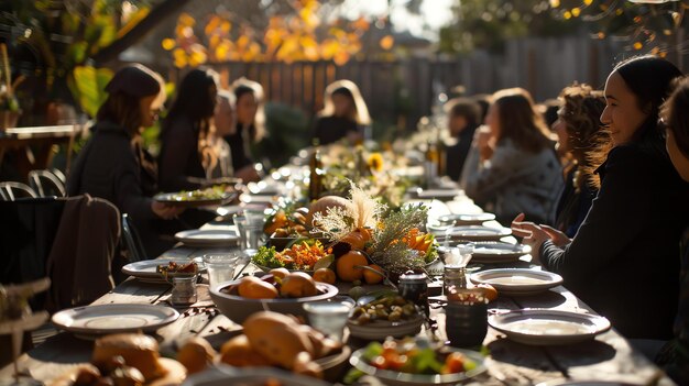 Friends and family gathered around a wooden table in a backyard enjoying a meal together