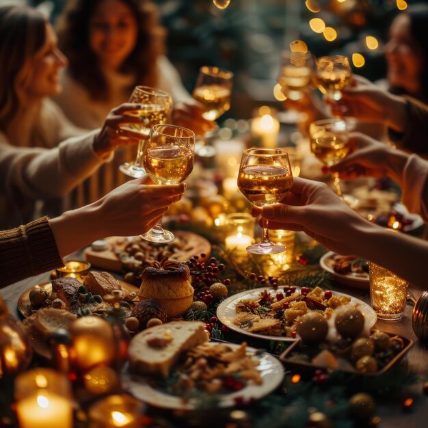 Foto amici e famiglia che brindano a bicchieri di vino a tavola per la cena di natale