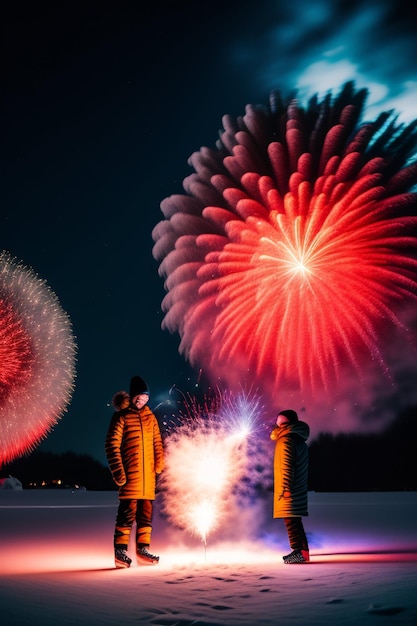 사진 친구 들 의 축제 와 축제 의 불꽃놀이 는 새해 를 즐겁게 맞이 한다