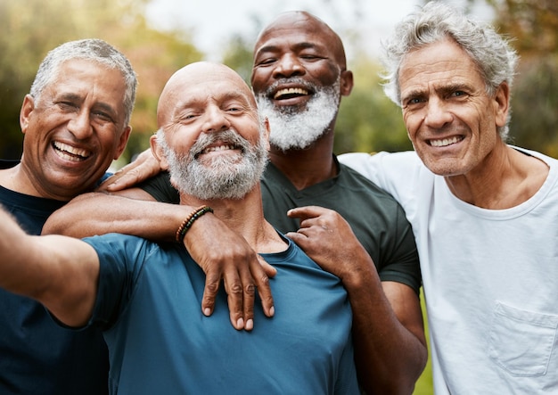 Friends fitness and exercise with a senior man group outdoor together for a workout or training Portrait happy and health with a male athlete and friend exercising outside for a healthy lifestyle