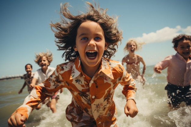 Friends frolicking in the ocean waves suited up summer landscape image