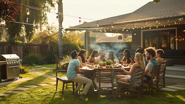 Photo friends gather for a backyard bbq party