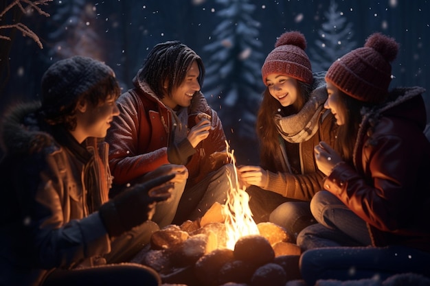 写真 冬の夜友達が暖炉の周りに集まりました