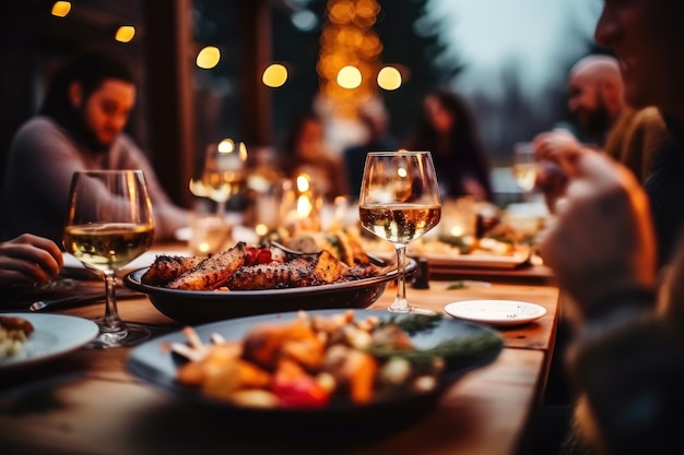 Photo friends gathered for an intimate evening dinner outdoors