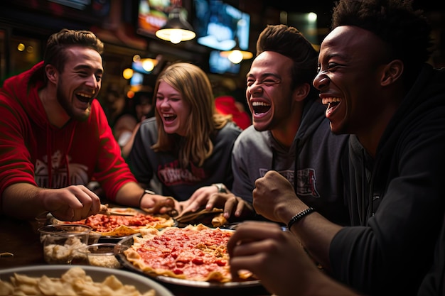 Friends gathered pizzas and enthusiasm before the game generative IA