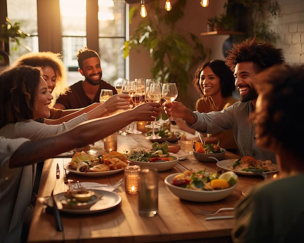 Friends gathering around a table their hands raised in a toast to celebrate their friendship