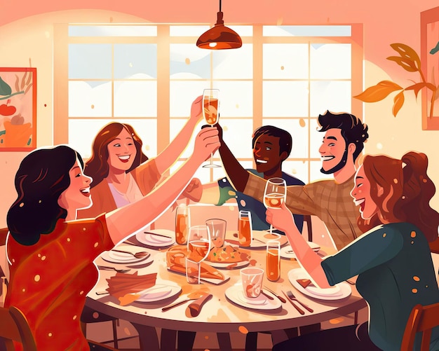 Friends gathering around a table their hands raised in a toast to celebrate their friendship