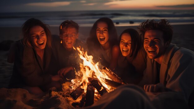 Friends Gathering by Beach Bonfire