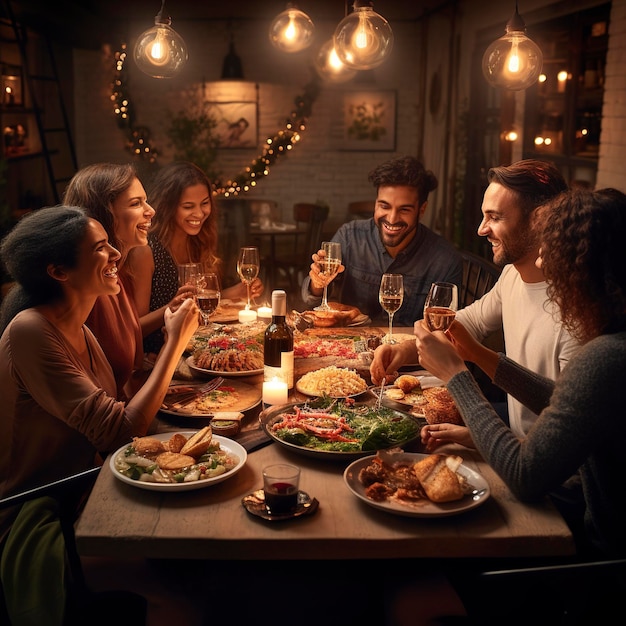 Friends gathering daily life drinking and eating together