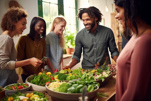 Photo friends gathering for a healthy brunch with colorful salads