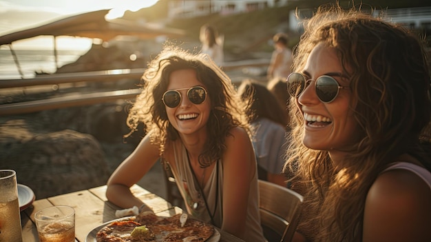 Friends Gathering for Pizza and Drinks as the Sun Sets