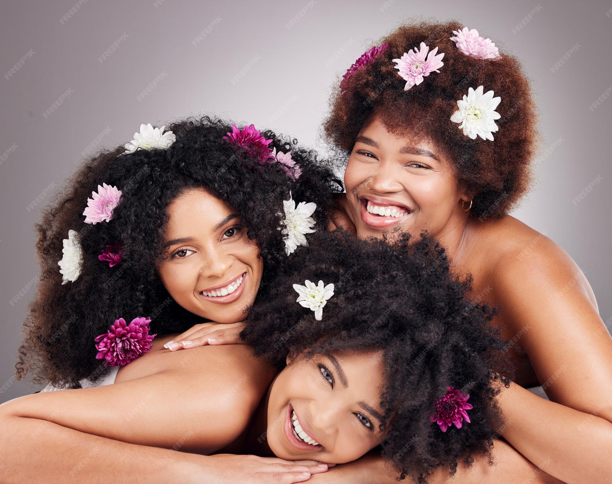 Image of Group of friends using hair treatments