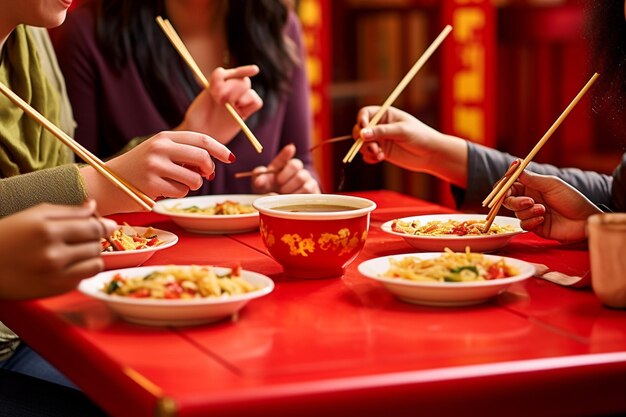 Foto amici a pranzo asiatico con tre piatti di cibo thailandese che mangiano con i bastoni su un tavolo rosso