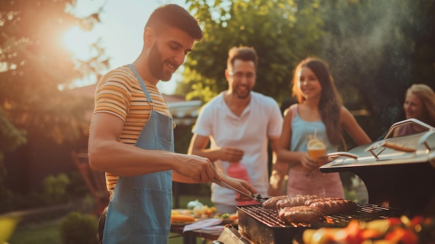 Foto gli amici fanno un barbecue nel cortile sul retro l'uomo sta grigliando le bistecche mentre la donna beve e parla