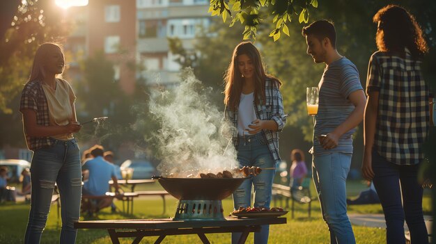 Friends having a barbecue in the park They are grilling meat and vegetables on a large grill