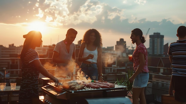 Foto amici che fanno un barbecue sul tetto al tramonto stanno grigliando carne e verdure e bevendo vino