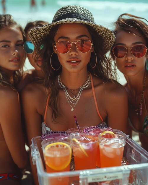 Foto amici che fanno un picnic in spiaggia con uno sfondo completo più fresco