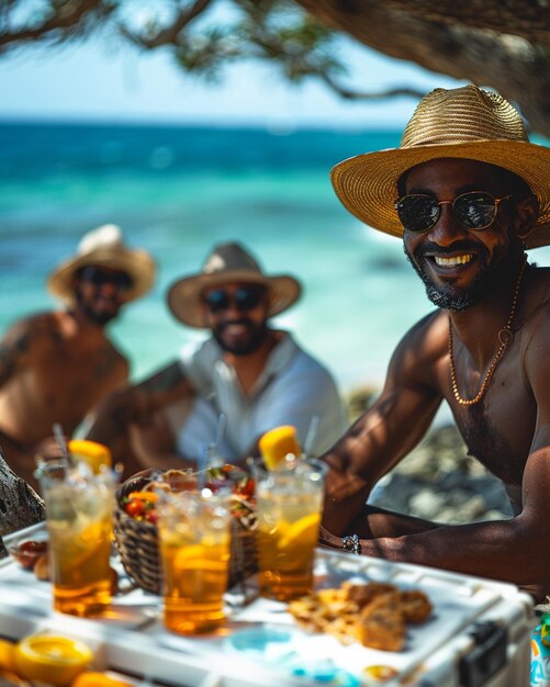 Foto amici che fanno un picnic in spiaggia con un frigorifero pieno di carta da parati