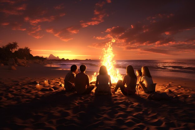 Photo friends having a bonfire on the beach sharing generative ai