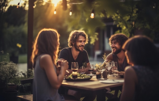 Friends having a dinner outdoors.