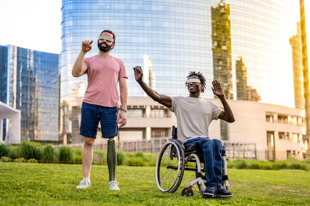 Friends having disabilities using vr headset