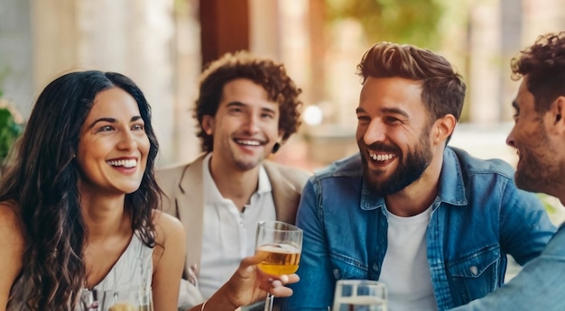 friends having a drink and laughing with a glass of beer