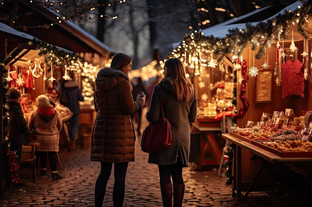 Photo friends having fun at christmas market