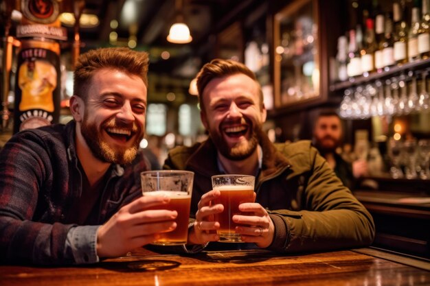 Friends having fun drinking beer in a bar