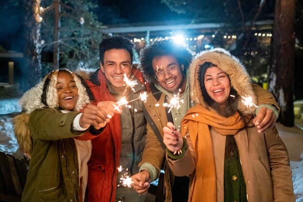 friends having fun at winter holidays