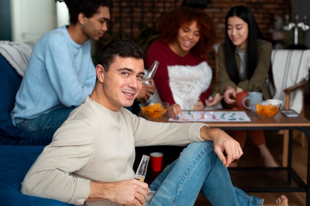 Friends having fun with traditional games