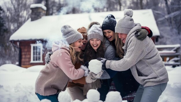 Friends having a funny snow fight