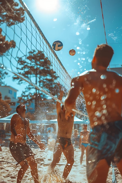 Foto amici che giocano a beach volleyball in una giornata di sole in una vacanza vicina