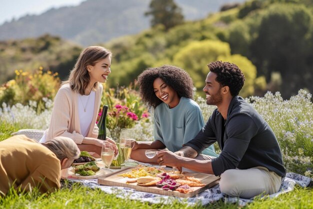 Friends having a picnic in the park