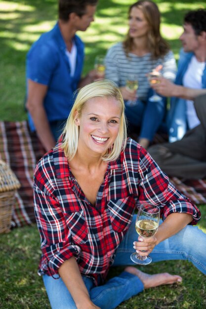 Friends having a picnic with wine