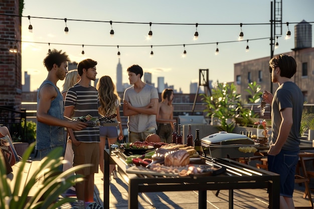 Foto amici che fanno un barbecue sul tetto