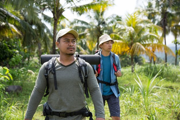 Friends hiking in outdoor summer activity