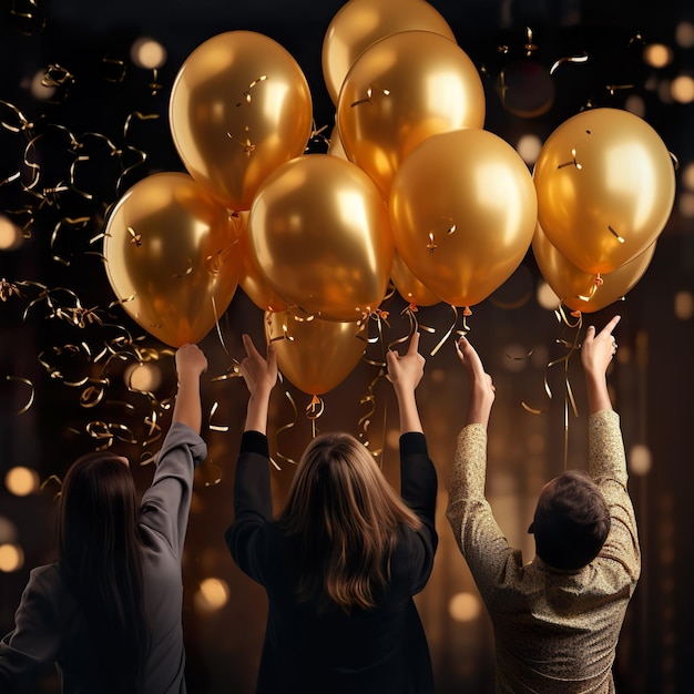 friends holding balloons at new year eve celebrating new year with golden baloons