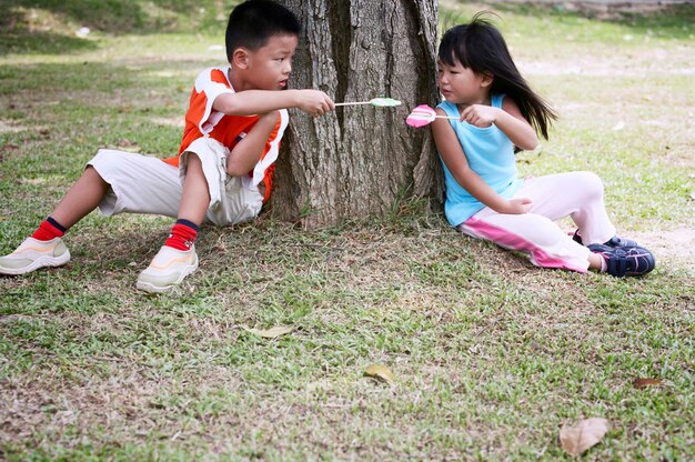 Photo friends holding candies while sitting on field by tree at park