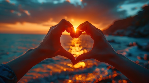 Friends holding hands against the sunset in the shape of a heart