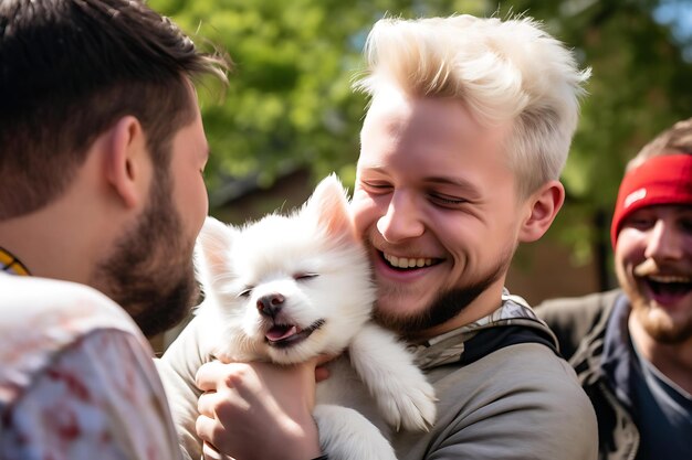 Foto amici che si abbracciano a un evento di adozione di animali domestici