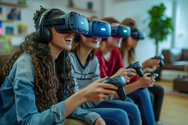 Друзья погружены в групповой опыт виртуальной реальности
