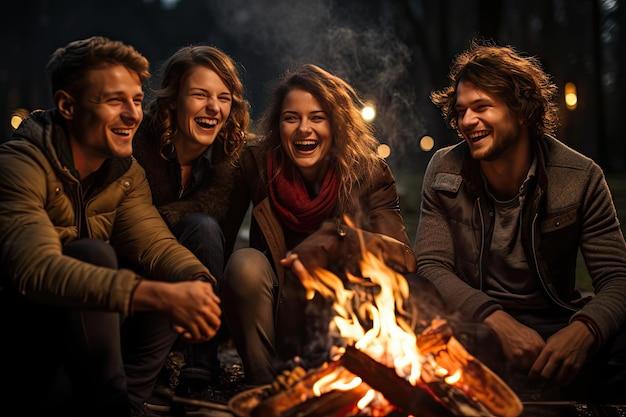 Friends in its 30s enjoying themselves in front a camping fire