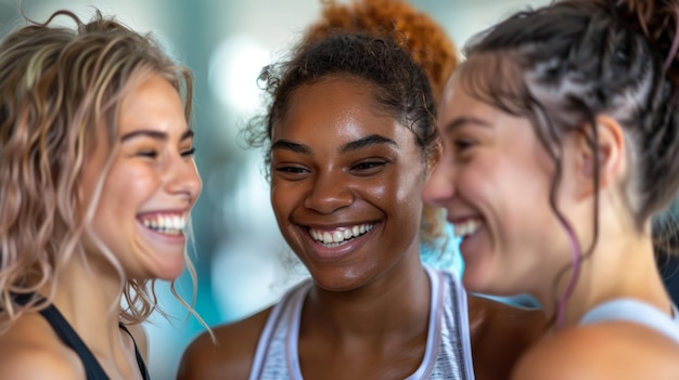 Photo friends laughing and chatting after a group fitness class generative ai