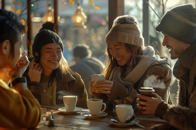 Photo friends laughing over coffee