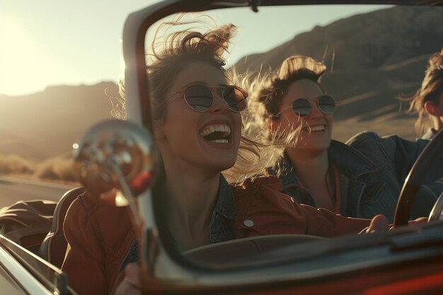 Photo friends laughing during a road trip