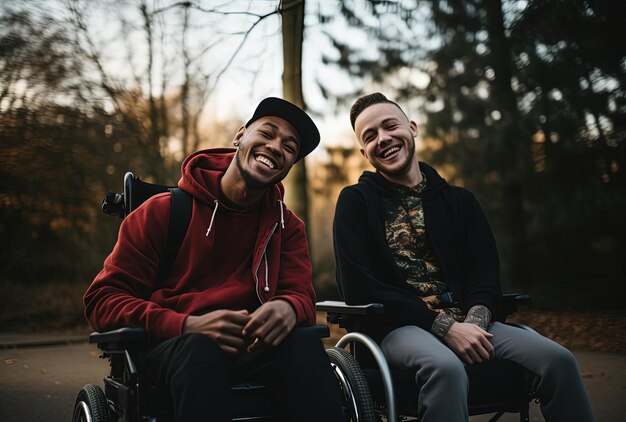 Photo friends laughing in their wheelchairs in the park in the style of abrasive authenticity