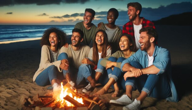 Friends Laughing Together at a Beach Bonfire